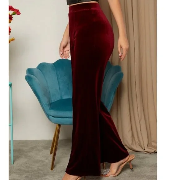 Velvet wide legged Pants Classy Contemporary Burgundy Maroon - Picture 5 of 7